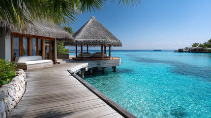 Fototapeta premium Panoramic view of luxury overwater bungalows with thatched roofs, turquoise channel and wooden boardwalk under a clear blue sky, an idyllic tropical summer escape