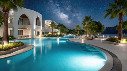 Fototapeta premium Resort swimming pool area illuminating warm lights at night, surrounded by lush palm trees and lounge chairs, creating pure relaxation for a tropical holiday