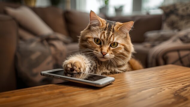 The cat knocks the object off the table in detail.