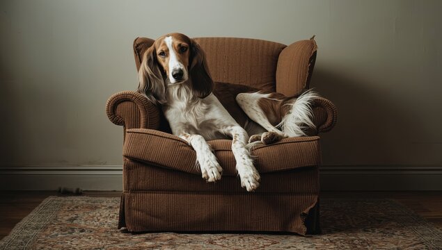 Uninterested Borzoi lounging on a worn-out armchair, pet lifestyle idea, empty space