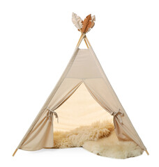 Stylish wigwam for child's room with rug isolated on white © New Africa