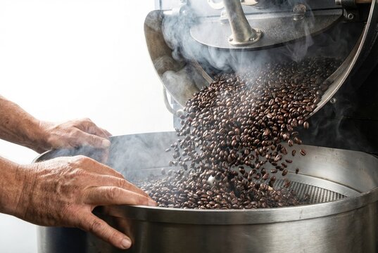 Close up of hands checking freshly roasted coffee beans pouring from an industrial roasting machine with smoke
