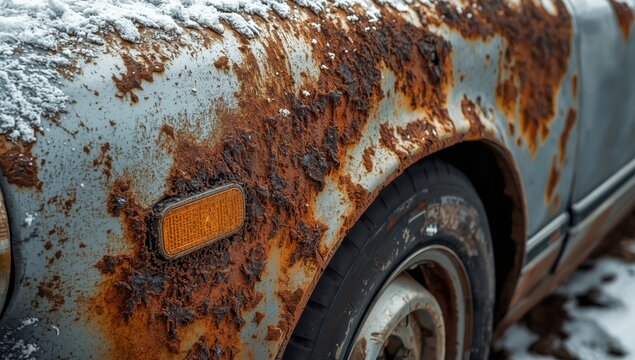 Detailed view of significant rust and deterioration on the silver fender and wheel arch of a pre-owned vehicle.