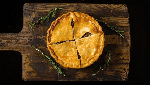 Seasonal fall cuisine. Homemade meat pie with herbs on a wooden board atop a dark table.