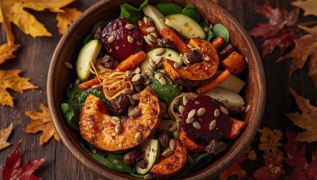 Fall salad featuring roasted pumpkin, beet, zucchini, and carrots. Nutritious plant-based idea. Seasonal cuisine.