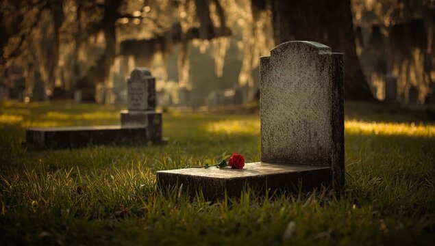 A touching image of a lone red rose on a tombstone, with gentle lighting highlighting feelings of grief and memory.