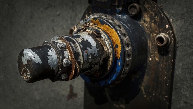 Detailed view of a weathered outdoor water valve showing rust, flaking paint, and signs of industrial decline.
