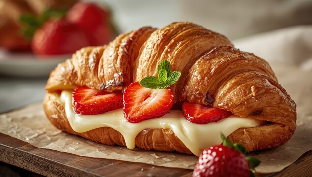 Strawberry croissant with brie or Camembert and mint. Tasty gourmet breakfast. Focused view.