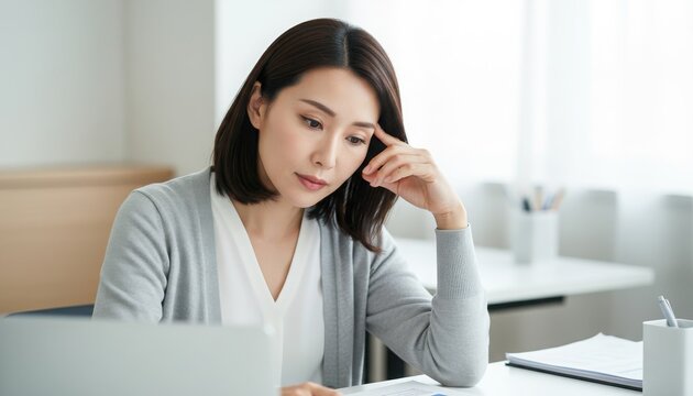 5月病でデスクワークが進まない女性 集中力が切れ悩み込む様子