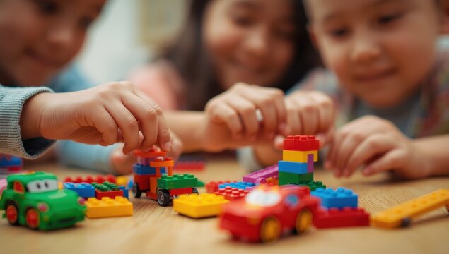 Children's hands play with colorful Lego blocks, building cars and structures. The photo has a shallow depth of field.