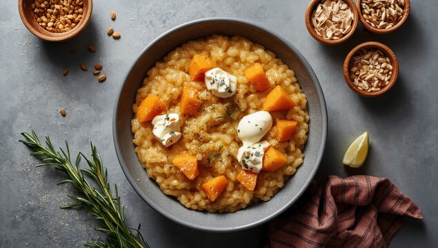 Classic Italian risotto featuring Hokkaido pumpkin and gorgonzola cheese, presented in a Nordic-style bowl from above.