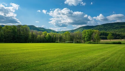 Obraz premium Vacant green football pitch in a rural setting surrounded by thick forest and hills. Clear sunny day with a blue sky and light clouds in the Ukrainian countryside.