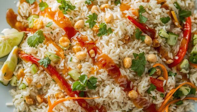Rice steamed with herbs and vegetables combined with Budu sauce. Thai Southern Spicy Rice Salad featuring vegetables and Budu fish sauce.
