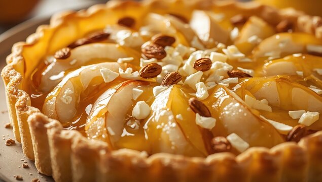 Close-up of a pie made with phyllo pastry, featuring pear, gorgonzola, almond, and honey. High-resolution image.