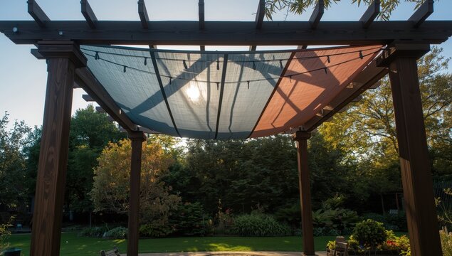 A tarp hangs between two wooden posts, providing shade for a sandpit or terrace in a garden or park, secured with metal wires and cords.