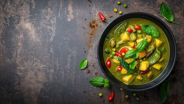 Bowl of vegetarian Thai green curry on wooden slate. This dish features green chili paste, basil, spices, and vegetables. Top view of Thai cuisine.