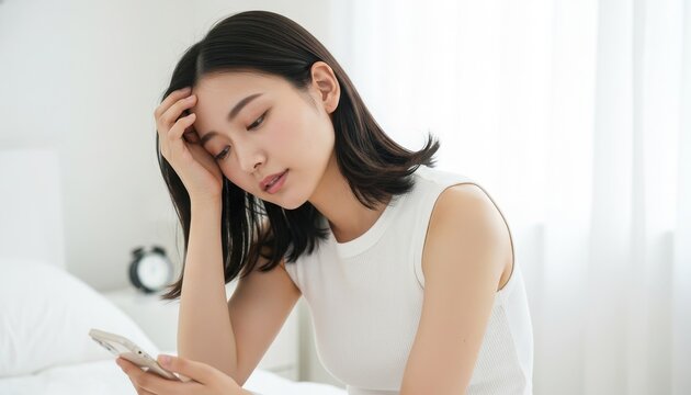 5月病の不安で眠れない女性 夜中にスマホを見ながら頭を抱える
