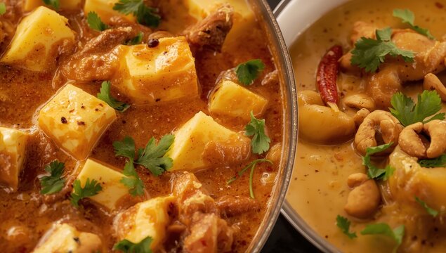 Closeup of cottage cheese curry and chicken korma, detailed traditional Indian cuisine.