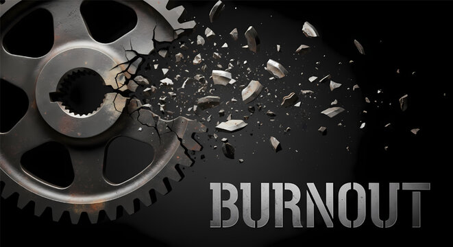 Metal gear breaking apart with shards flying symbolizing burnout and mechanical failure on dark background its illustration only