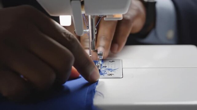 Hands of a Black woman sewing blue fabric with a sewing machine, focusing on stitching details and fabric alignment in a well-lit workspace
