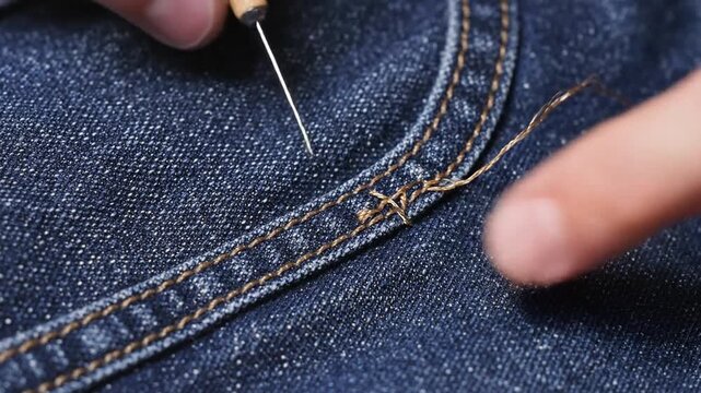 Close-up of hands using a sewing awl to repair denim fabric, showcasing detailed stitching techniques in a well-lit indoor setting