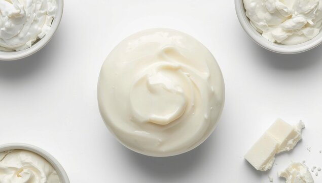 new cream cheese on white backdrop, overhead perspective