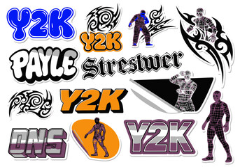Fototapeta premium Y2k Graphic Design Elements Collection Featuring Streetwear Figures Tribal Tattoos and Various Text Styles