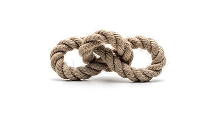 Fototapeta premium A close-up of a rough brown jute rope with a twisted knot tied on a white background, showing the strong fiber texture of this isolated nautical cord