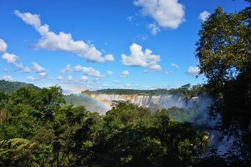 Iguazu Falls surrounded by jungle under blue sky in Argentina. Expansive view of Iguazu Falls with multiple cascades surrounded by dense tropical forest under a bright blue sky with clouds. © Karen
