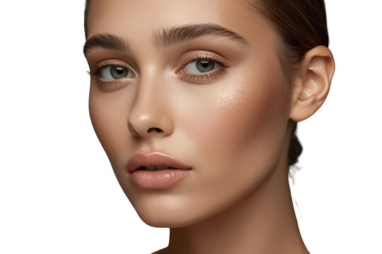 Young woman face portrait with glowing skin, fresh makeup, and a natural, elegant beauty. Transparent background