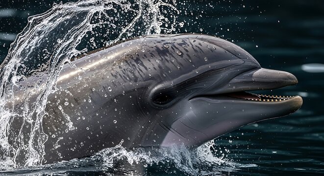 A close-up of a dolphin leaping from water, capturing droplets and the creature's smooth skin