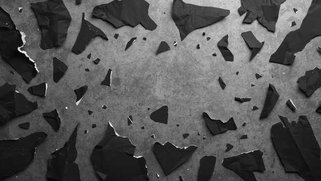 shredded black cardboard fragments on gray surface