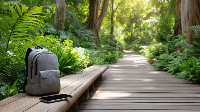 Backpack and smartphone left behind on a wooden path, inviting a digital detox experience in a lush green jungle, promoting mental well being and a reconnection with nature