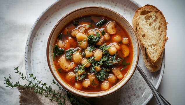 Homemade chickpea soup with leeks, Cavolo Nero kale, and thyme, accompanied by sourdough bread. Vertical view - nutritious detox option. Classic Tuscan dish - Image.