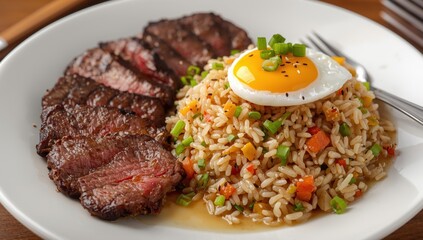 Fototapeta premium A tasty dish of grilled steak with savory fried rice, a runny egg yolk, and green onion garnish. An ideal meal.