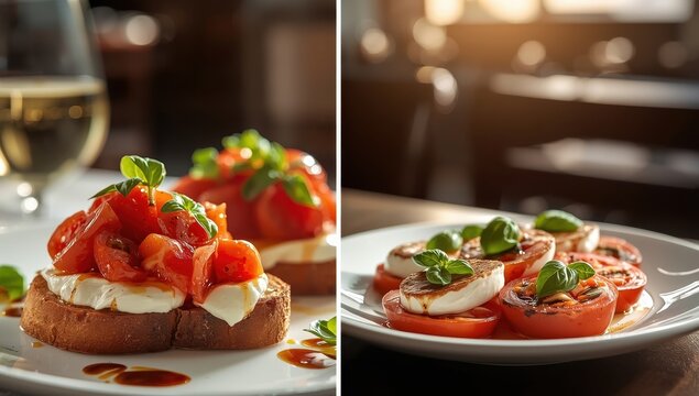 Tomato and mozzarella bruschetta with basil, Caprese toast. Classic Italian appetizer served in Rome and Milan. Recipe for tomato bruschetta, focused shot.