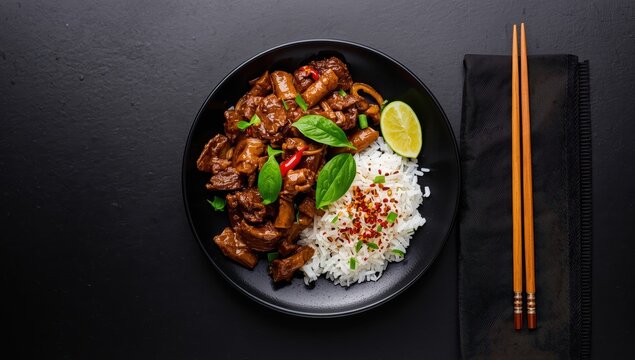 Thai-style Khao Pad kra pao with beef and Holy Basil on a dark backdrop with space for text.