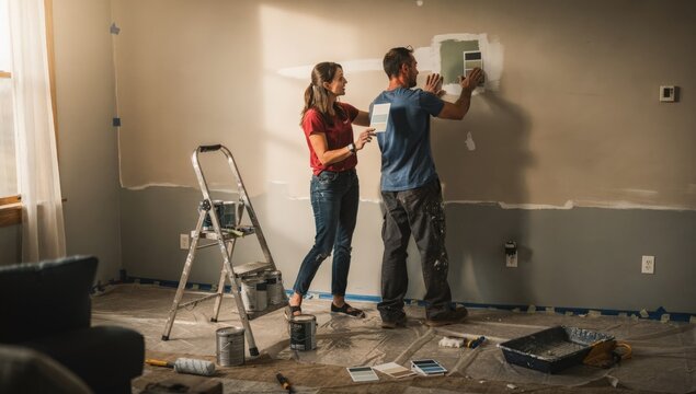 Collaborative Home Transformation: A Couple Teamwork to Apply Paint Samples to a Wall in a Renovation-in-Progress Room Symbolizing Shared Growth Resilience and Their Journey Towards a Harmonious Livin