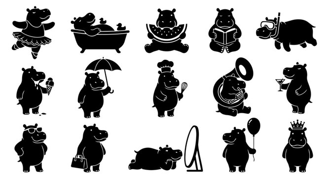 Collection of cute black hippo silhouettes engaged in various fun activities and hobbies, perfect for playful designs and character illustrations.