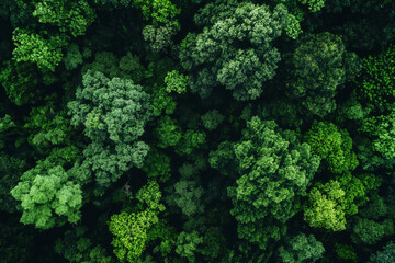 Naklejka premium Aerial view of a dense green forest with diverse tree canopies and rich foliage