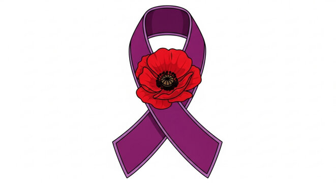 A purple awareness ribbon with a red poppy flower symbolizing support and solidarity for a cause