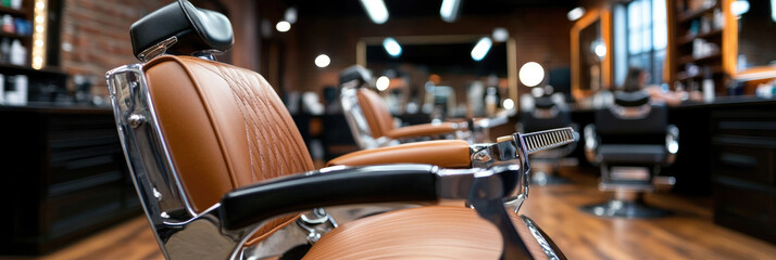 Fototapeta premium Sleek black barber chair in a modern hair salon with organized counter of hair care bottles, mirror reflection and minimalist, upscale interior ready for clients