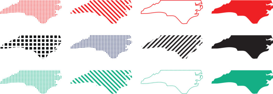 North Carolina State Map Silhouette Set Striped and Dotted NC