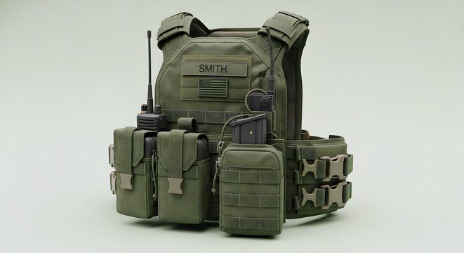 Military gear, including a combat vest, a radio and a grenade.