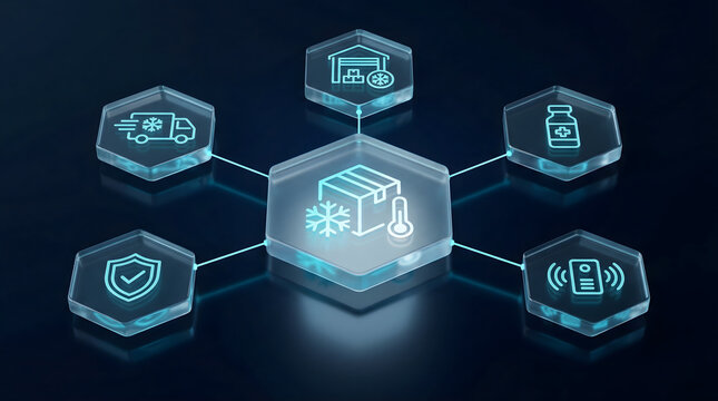 cold chain logistics and smart distribution technology featuring 3d neon icons for temperature controlled shipping medical storage vaccine delivery and warehouse management system