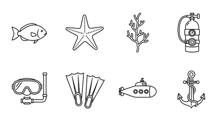 A collection of marine life and underwater exploration icons, including a fish, starfish, coral, oxygen tank, snorkel, flippers, submarine, and anchor, perfect for ocean-themed designs © charli