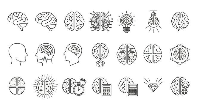 Comprehensive Collection of Brain and Mind Line Art Icons for Intelligence, Creativity, and Learning Concepts &ndash; Detailed Vector Graphics Illustrating Thought Processes, Memory, and Cognitive Functions