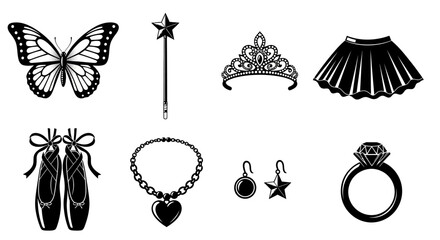 Collection of ballet and princess-themed icons including a butterfly, wand, tiara, tutu, ballet slippers, necklace, earrings, and a ring for creative design projects © charli
