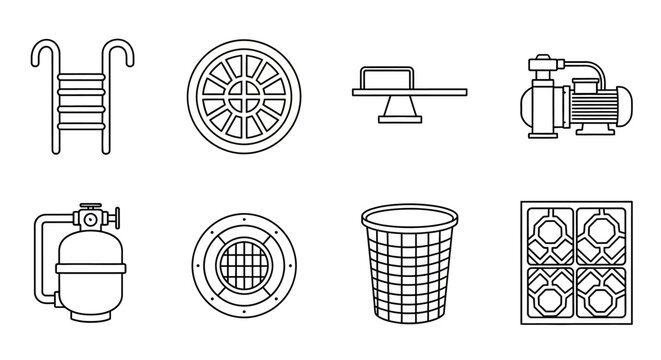 Comprehensive outline vector icons collection of swimming pool equipment and accessories for leisure, maintenance, and water quality