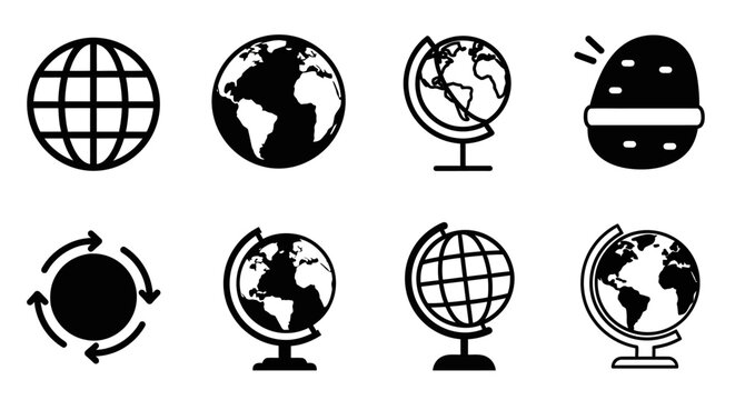 Diverse Collection of Globe and World Map Icons Representing Global Concepts, Geography, and International Reach with Digital and Educational Themes